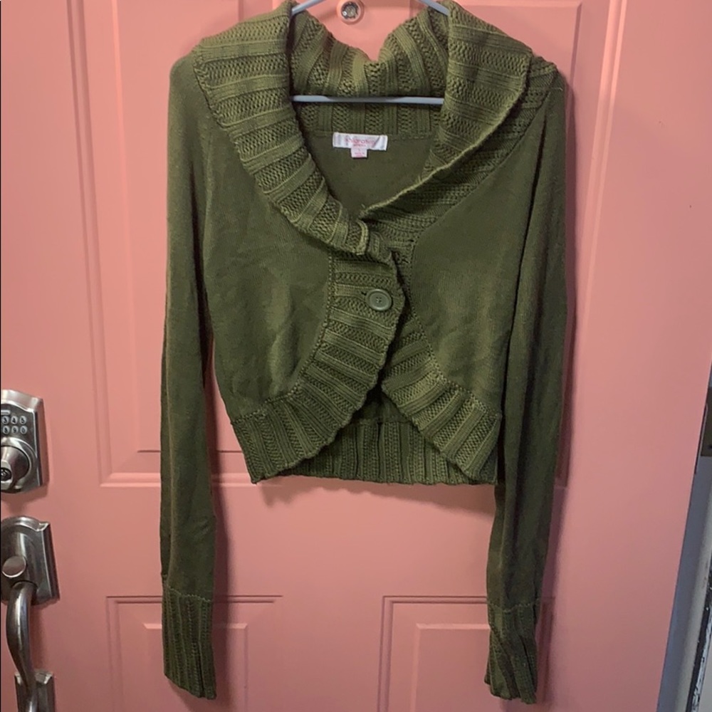 L shawl neck two button sweater olive green EUC